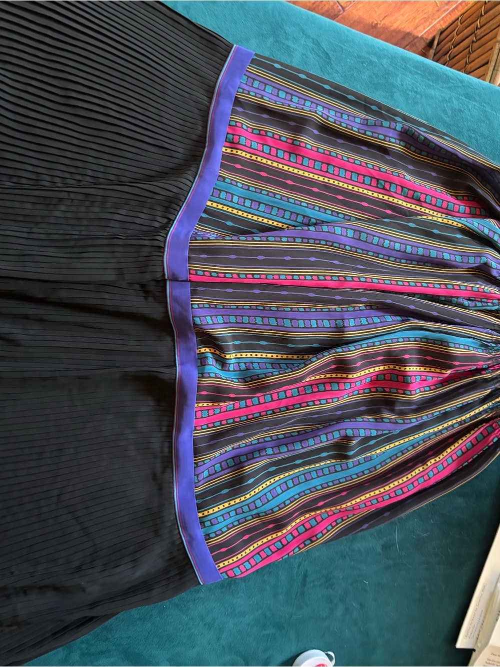 Vintage Black Sheer Pleated Skirt with Multicolor Stripe Panel